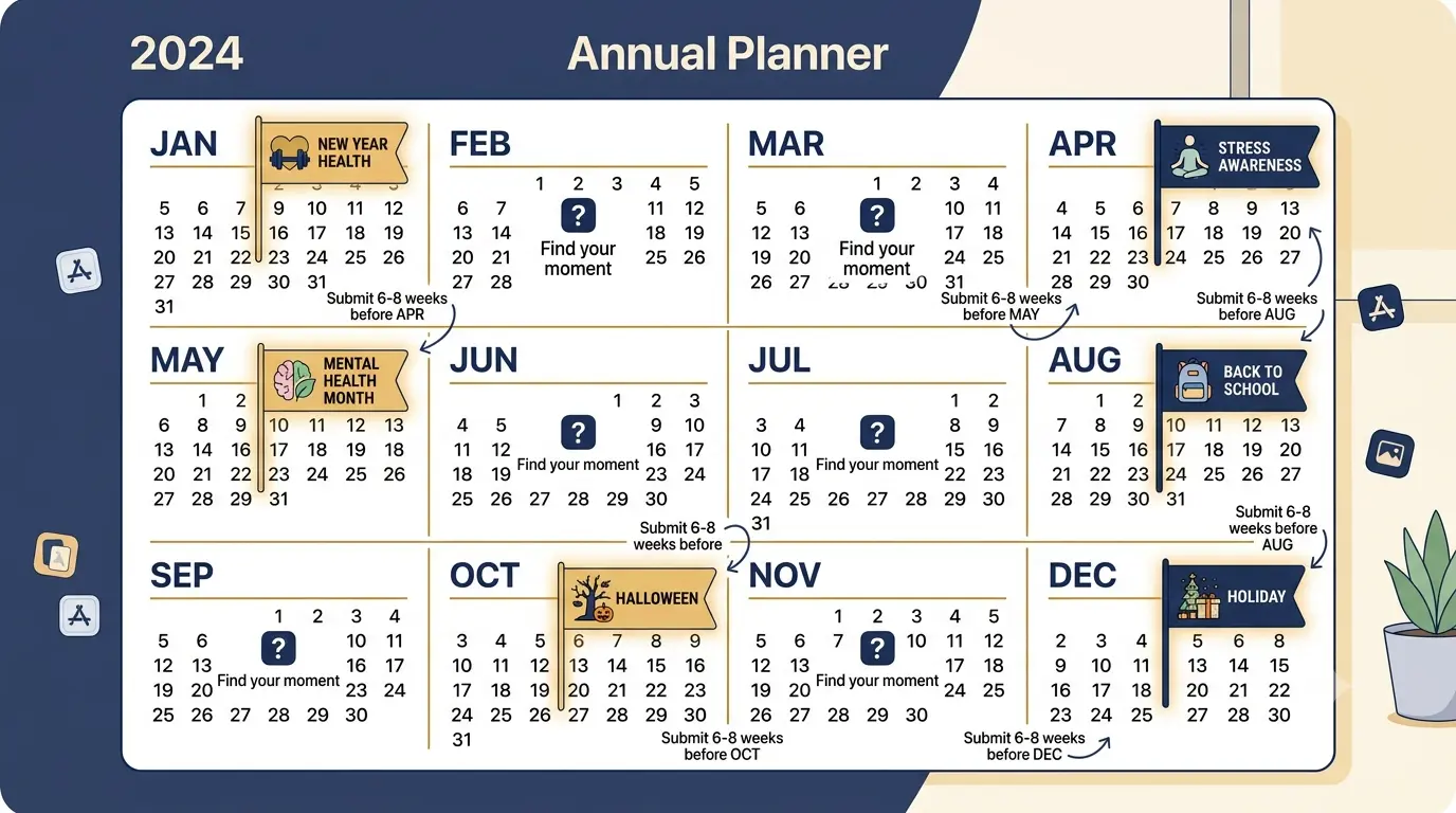 "12-month editorial calendar showing optimal App Store featuring nomination timing with flags at key cultural moments and 6-8 week advance submission windows marked"