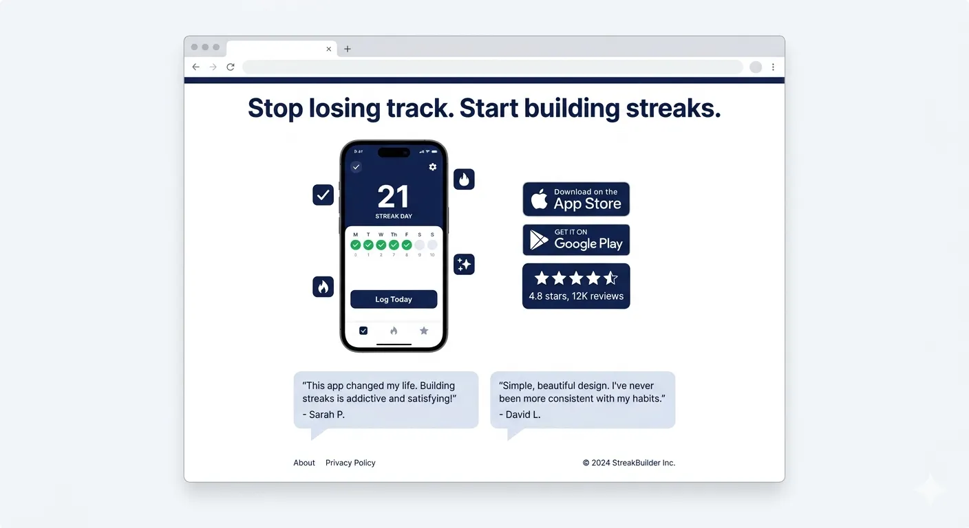 "Browser mockup of a high-converting app landing page showing headline, phone mockup, download buttons, star rating, and user testimonials"