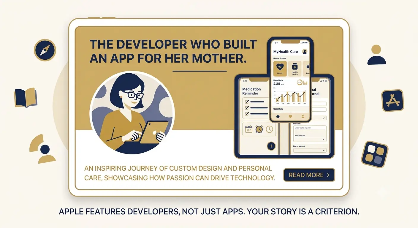 "App Store Today tab editorial story card showing a developer story format with portrait, headline, and excerpt, illustrating that Apple features developer narratives not just products"