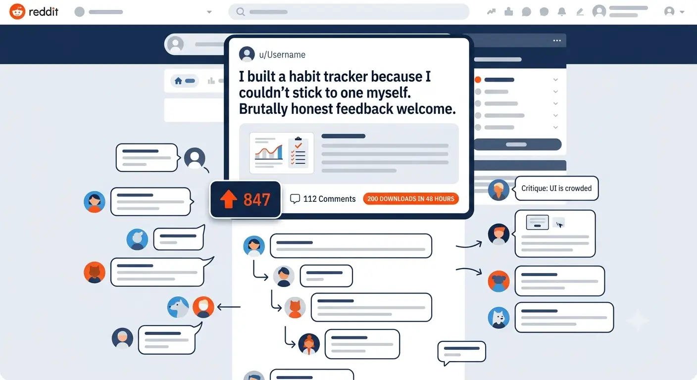 "Illustration of a successful Reddit app launch post showing 847 upvotes and 200 downloads in 48 hours from honest community engagement"
