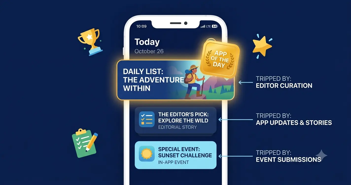"App Store Today tab illustration showing three types of featuring placements: App of the Day card, editorial story card, and In-App Event card with labels explaining what triggers each one"