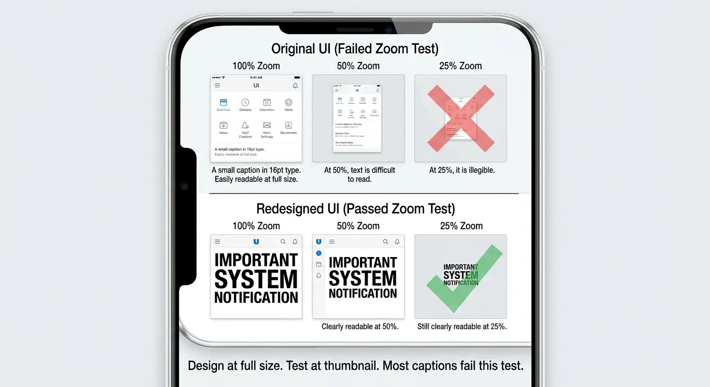 "Three zoom levels showing the same app store screenshot caption at 100%, 50%, and 25% size, demonstrating how small type becomes illegible at thumbnail size and how a bold headline stays readable"