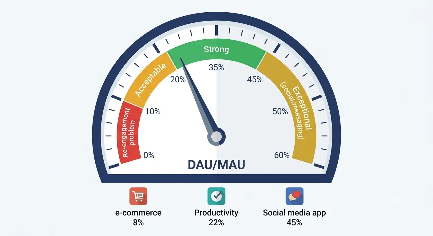 "DAU/MAU stickiness ratio gauge showing four zones from re-engagement problem at under 10% to exceptional at 35%+ with example app categories positioned at their typical ratios"