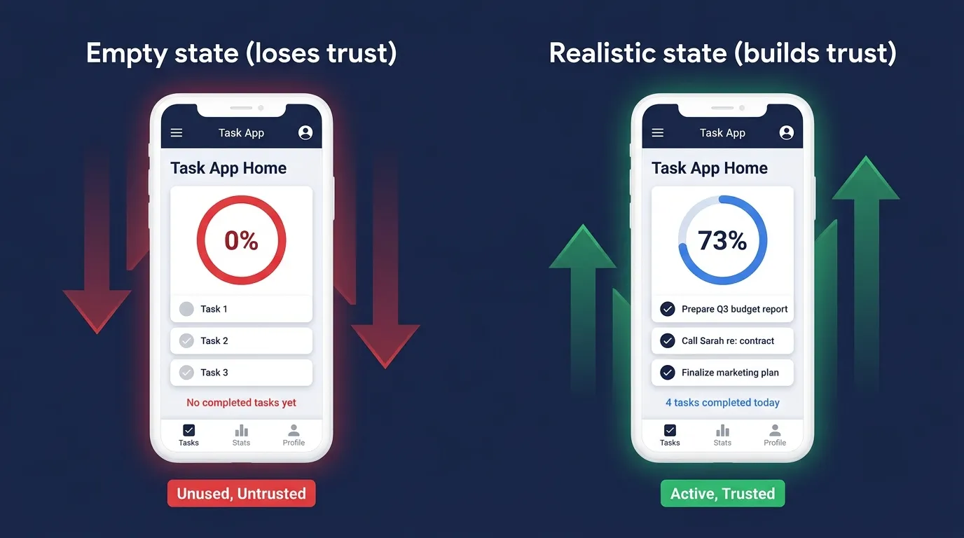 "Side-by-side comparison of app store screenshot with placeholder data versus realistic populated data, showing how real content builds user trust and improves conversion"