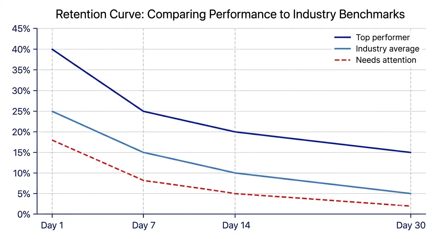 "Mobile app retention curve chart comparing top performer, industry average, and underperforming retention rates at Day 1, Day 7, Day 14, and Day 30, showing the typical decay and target benchmarks for 2026"