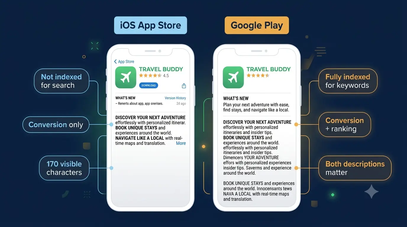 "Side-by-side comparison of iOS App Store and Google Play description display, showing different character limits, keyword indexing rules, and visible areas before the read more fold"