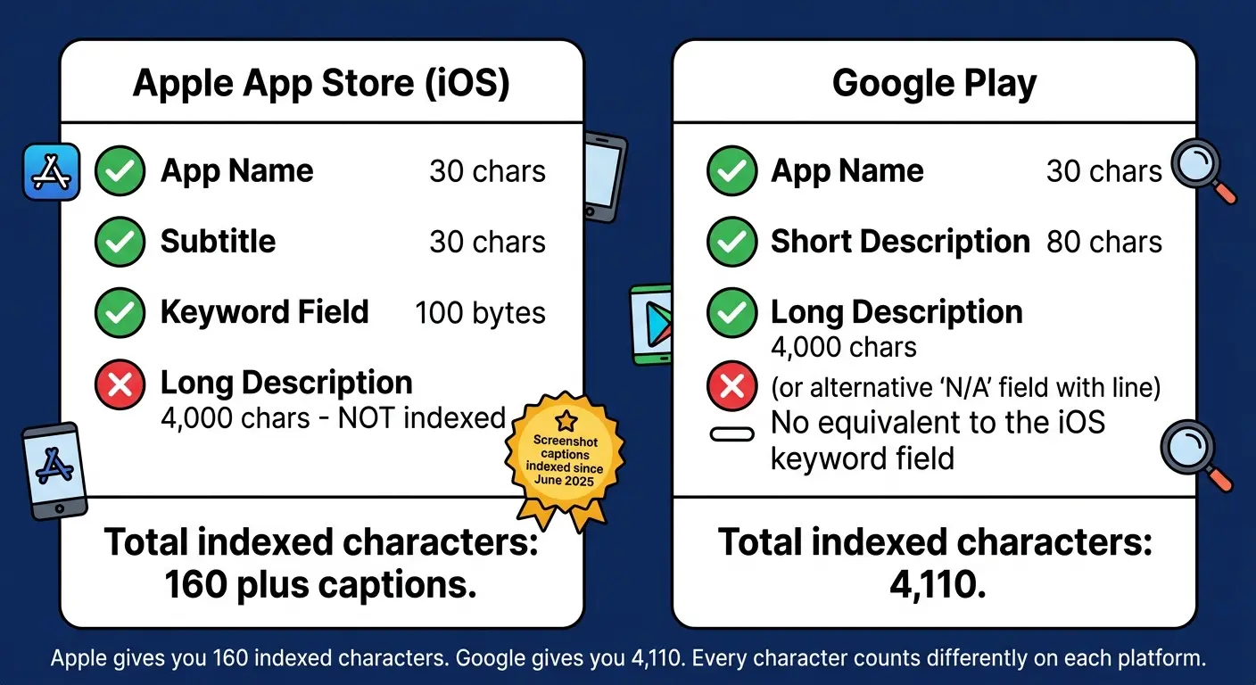 "Side-by-side comparison of Apple App Store and Google Play indexed metadata fields showing iOS has 160 indexed characters across app name, subtitle, and keyword field versus Google Play indexing 4,110 characters including the full long description"