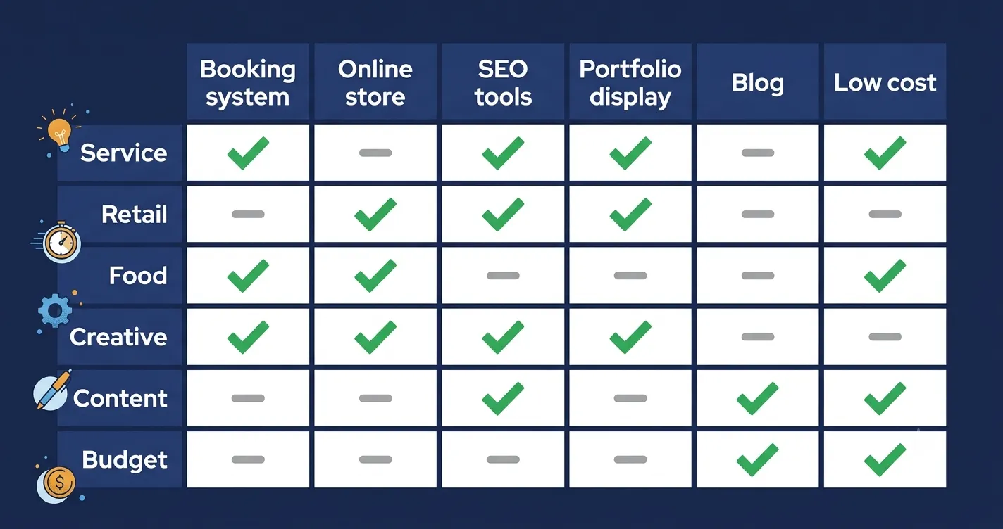 "Decision matrix showing which website builder features matter most for different small business types including service, retail, food, creative, content, and budget-focused businesses"