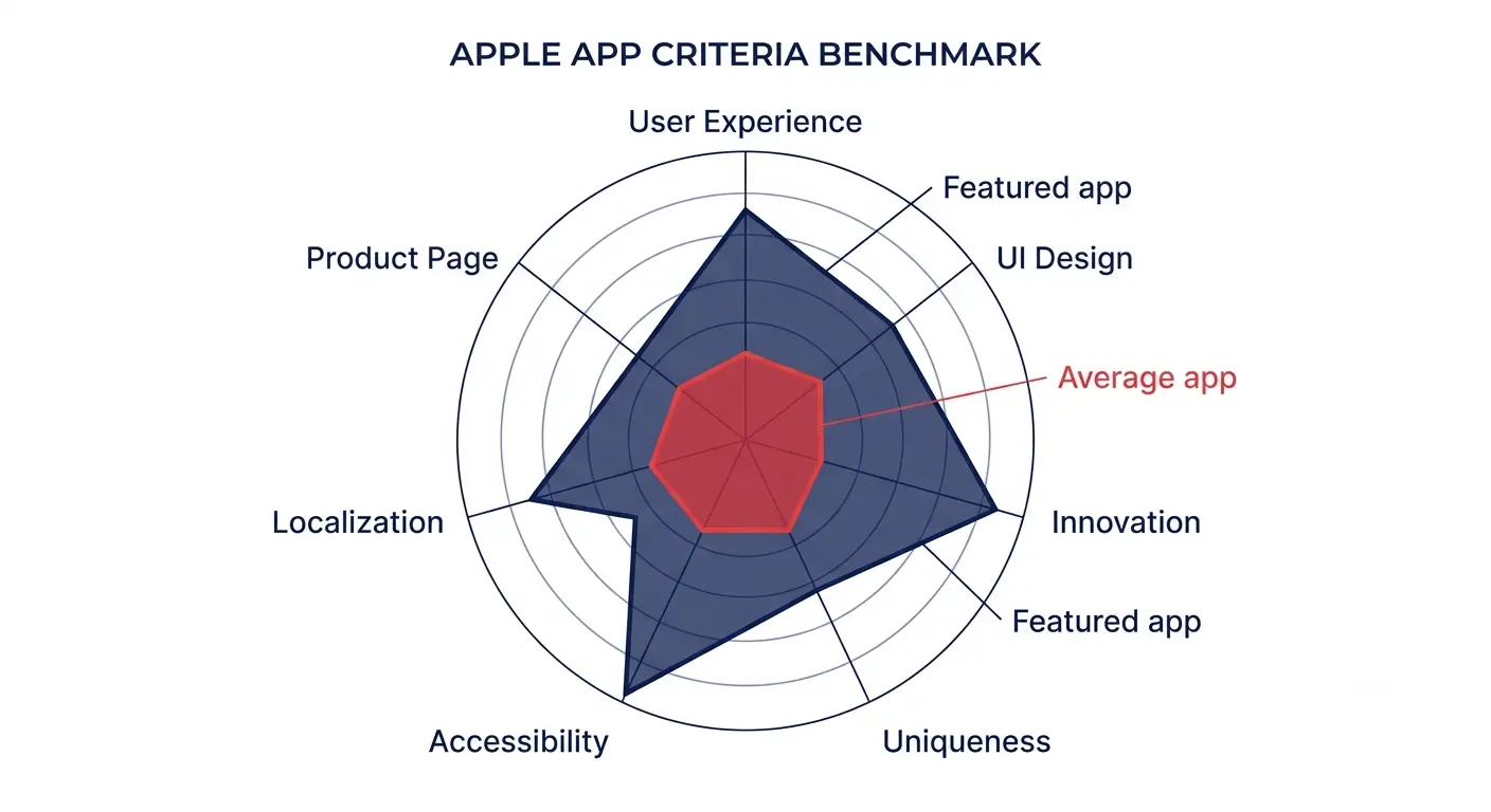 "Radar chart comparing an average app versus a featured app across Apple's 7 editorial criteria, showing the biggest gaps in Accessibility and Innovation"