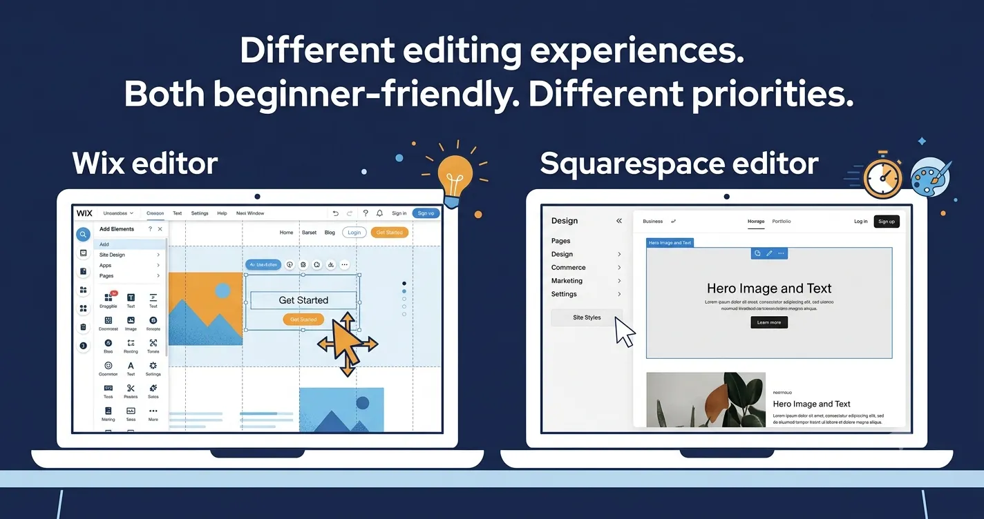 "Side-by-side comparison of Wix drag-and-drop editor with move cursor versus Squarespace cleaner limited editor, showing two different approaches to beginner-friendly website building"