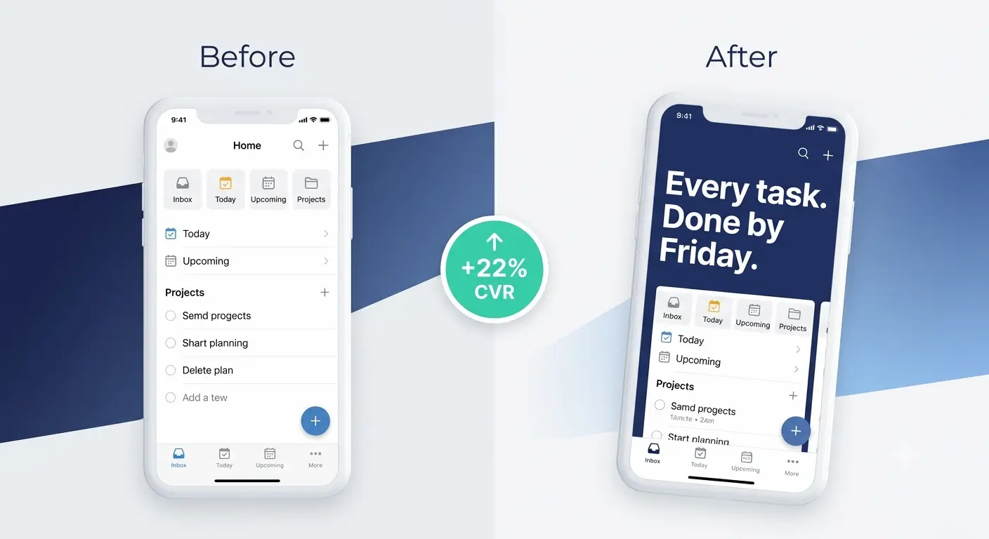 "Before and after comparison of app store first screenshot showing raw UI versus designed screenshot with benefit headline, resulting in 22% higher conversion rate"