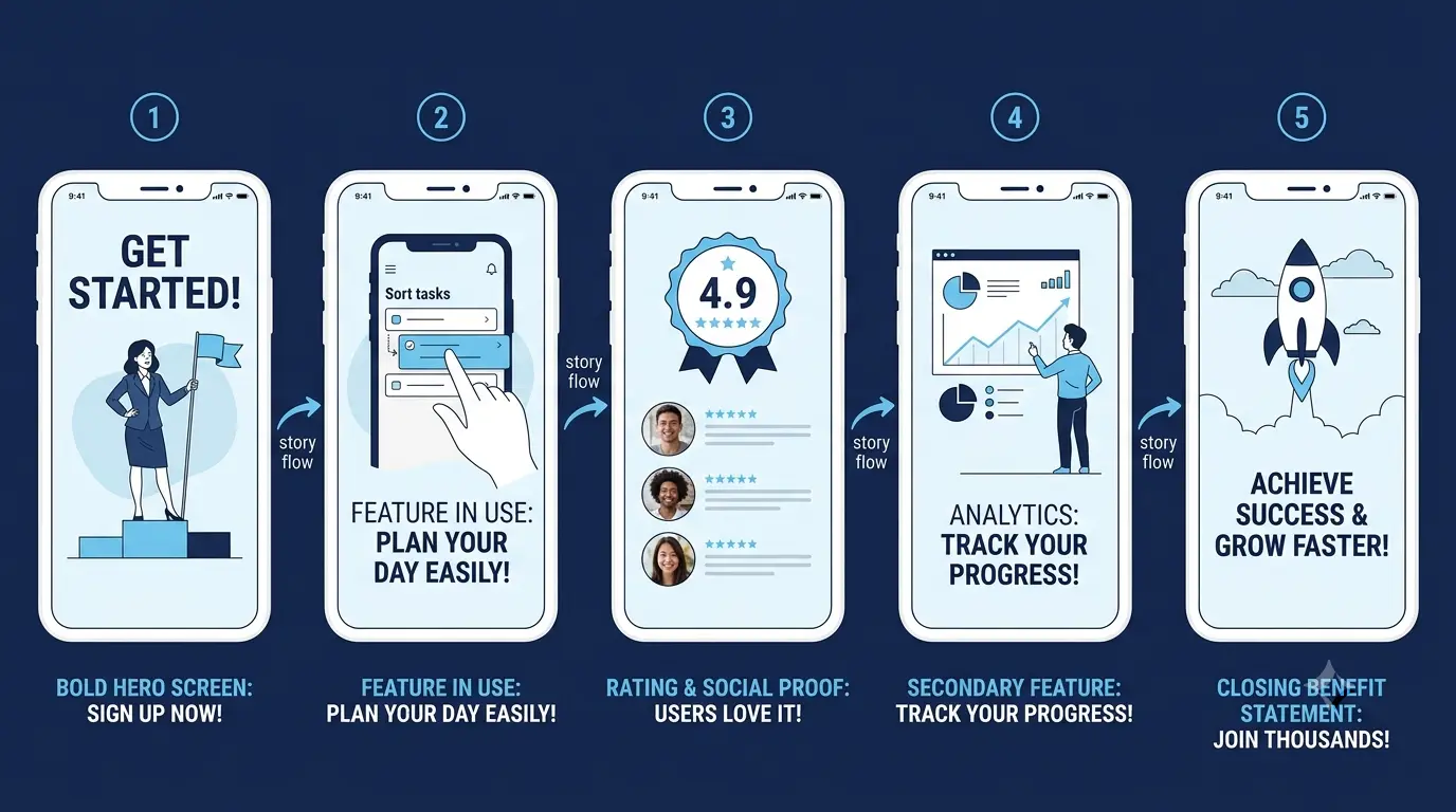 "Five-screenshot story flow showing how to structure an App Store screenshot set as a sequential narrative from hook to social proof to closing benefit"