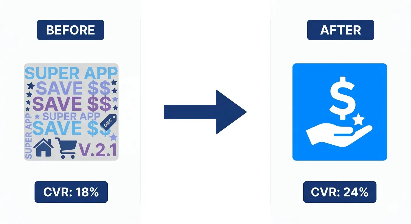 "Side-by-side comparison of a low-converting cluttered app icon versus a clean high-contrast icon with CVR improvement badge, illustrating icon optimization for app install conversion"