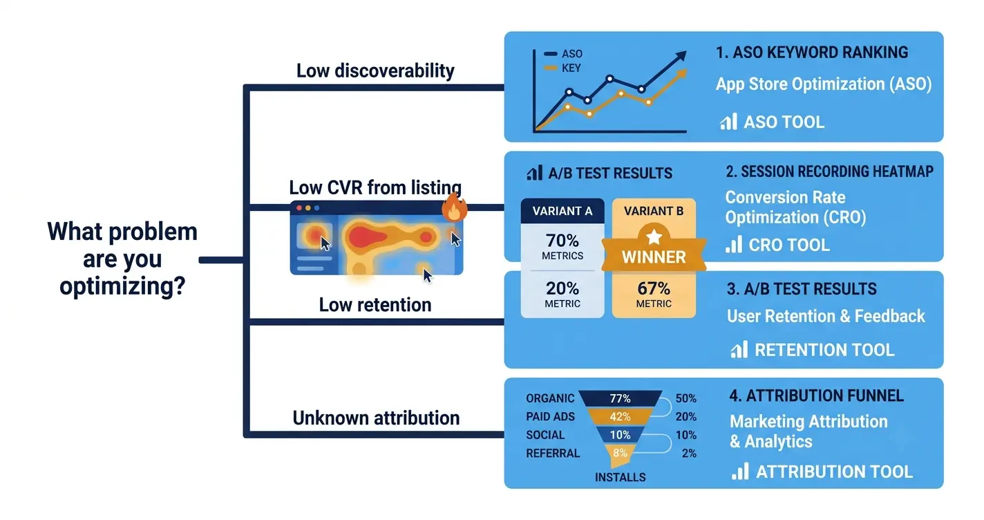 "Decision tree diagram showing how to choose between four types of mobile app optimization software based on the specific problem: discoverability, conversion rate, retention, or attribution"