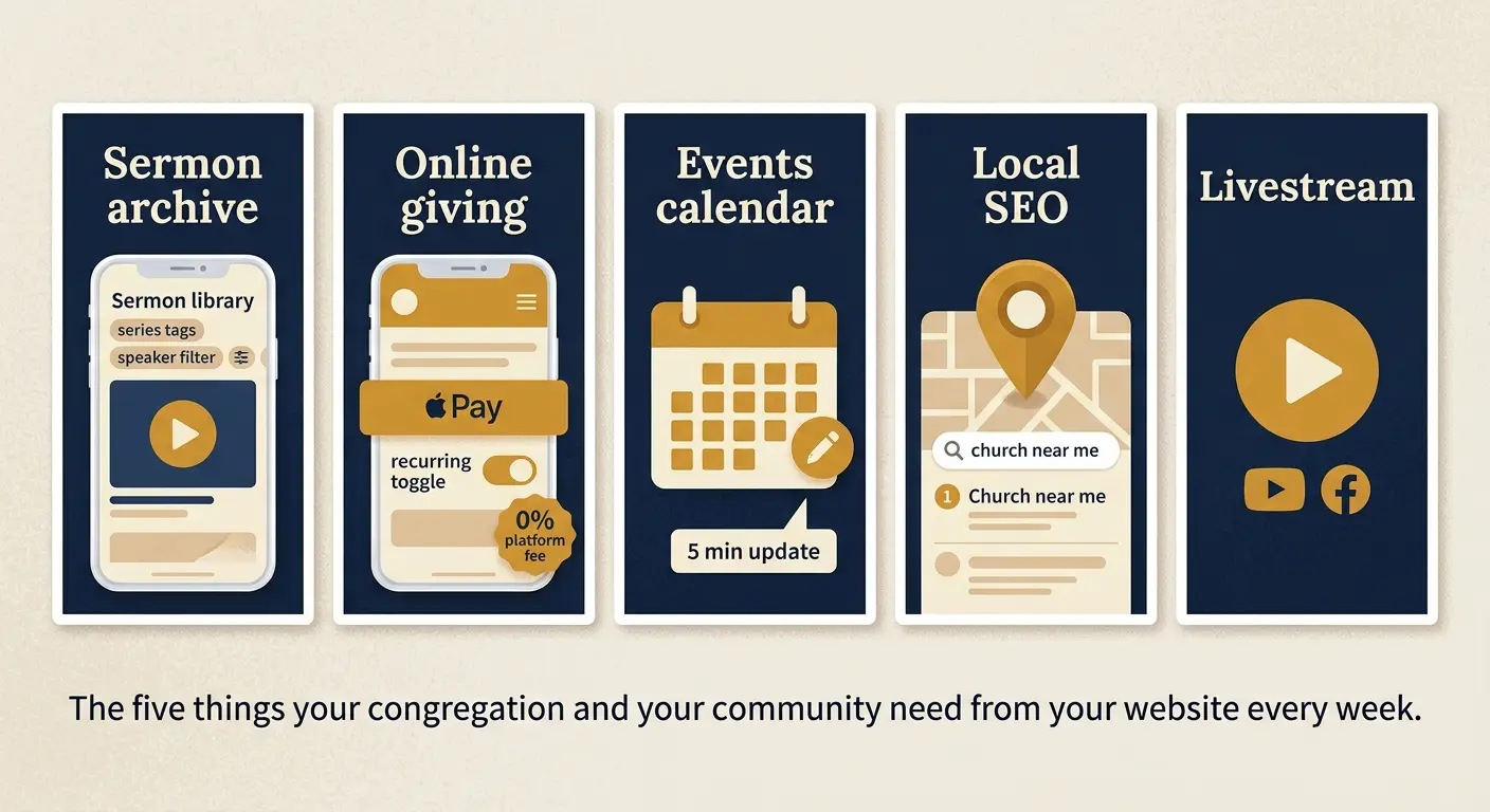 "Five-panel infographic showing the non-negotiable features of a church website: sermon archive, online giving with mobile support, updatable events calendar, local SEO for church near me searches, and livestream integration"