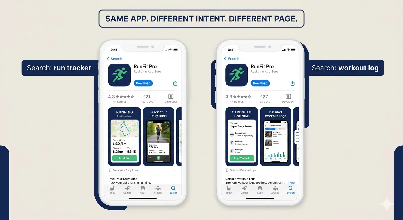 "Two App Store listing screens showing the same app with different Custom Product Pages targeting 'run tracker' and 'workout log' searches, illustrating intent-matched conversion optimization in 2026"