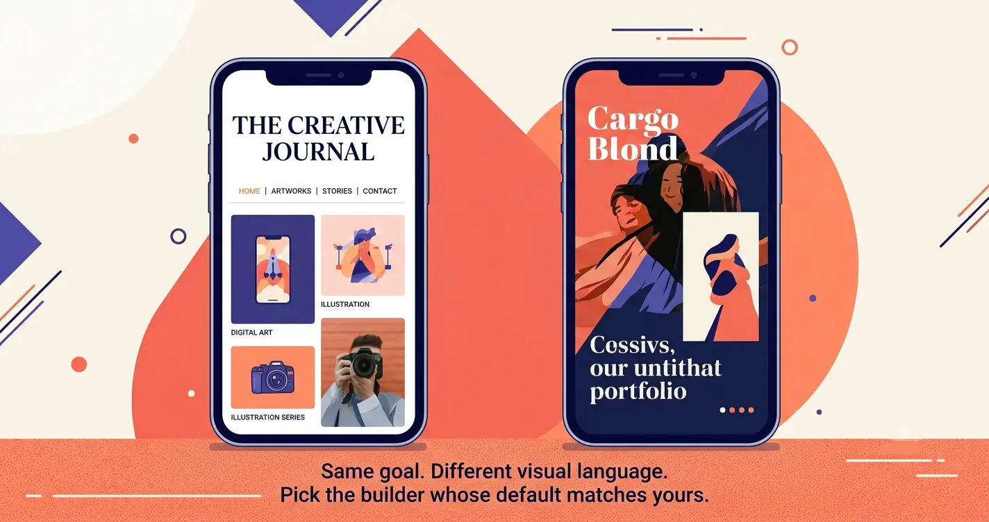 "Two creative portfolio homepage styles compared: a Squarespace editorial grid versus a Cargo full-bleed unconventional layout, showing different visual approaches for the same portfolio purpose"