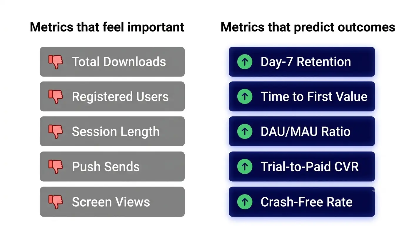 "Two-column illustration comparing five vanity metrics like total downloads and session length versus five predictive metrics like Day-7 retention and time to first value in mobile app analytics"