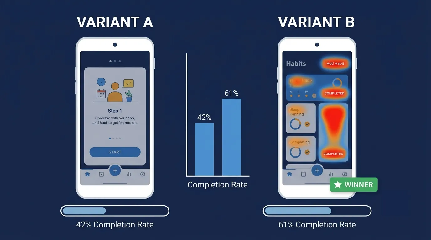 "A/B test comparison of two mobile app onboarding screen variants showing 42% versus 61% completion rate, with the higher-converting variant labeled as winner"