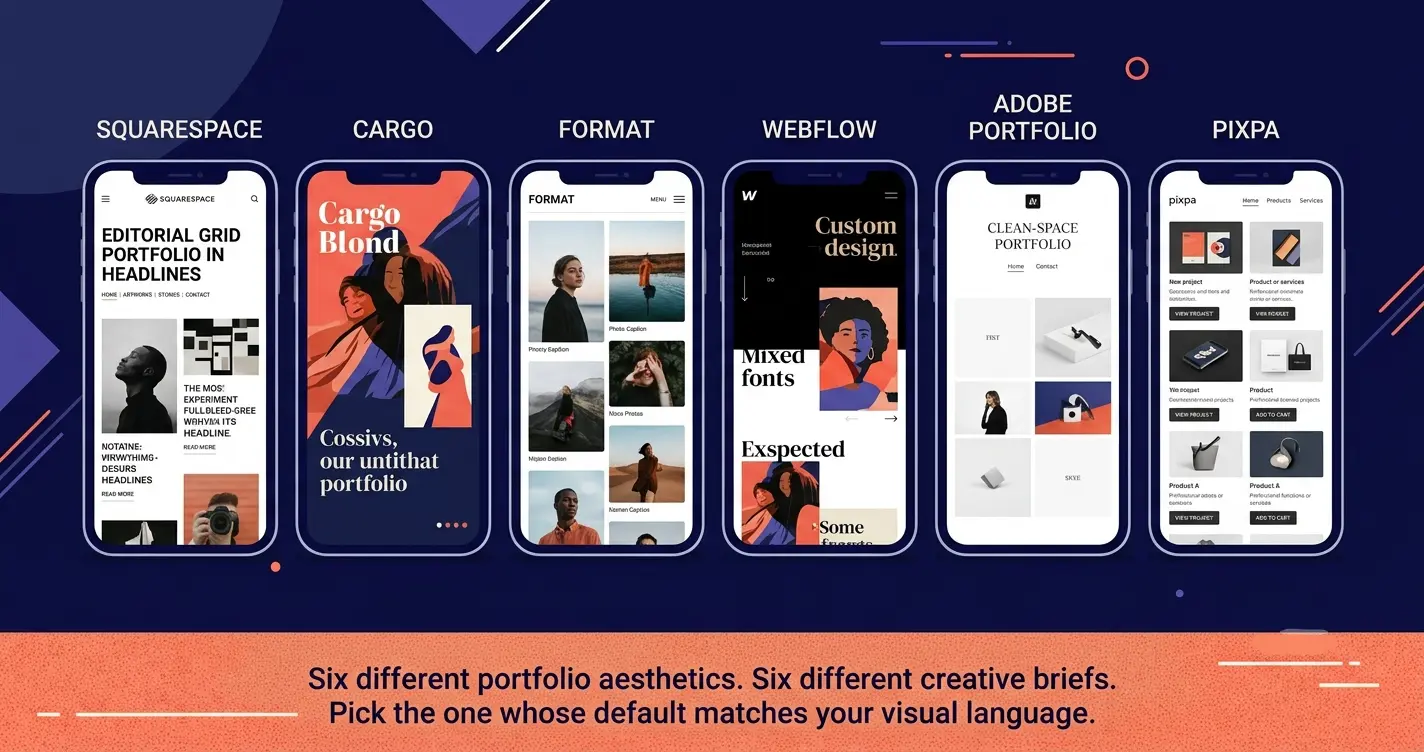 "Six creative portfolio homepage styles compared across Squarespace, Cargo, Format, Webflow, Adobe Portfolio, and Pixpa, showing the distinct visual approaches of each website builder for creatives"