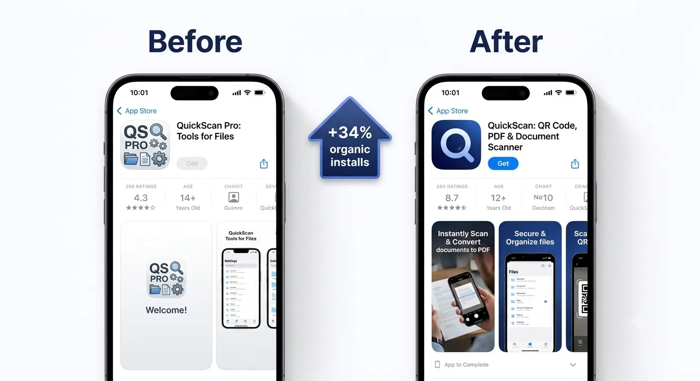 "Before and after App Store listing comparison showing ASO improvements: better icon, keyword-optimised title, and benefit-led first screenshot driving 34% more organic installs"