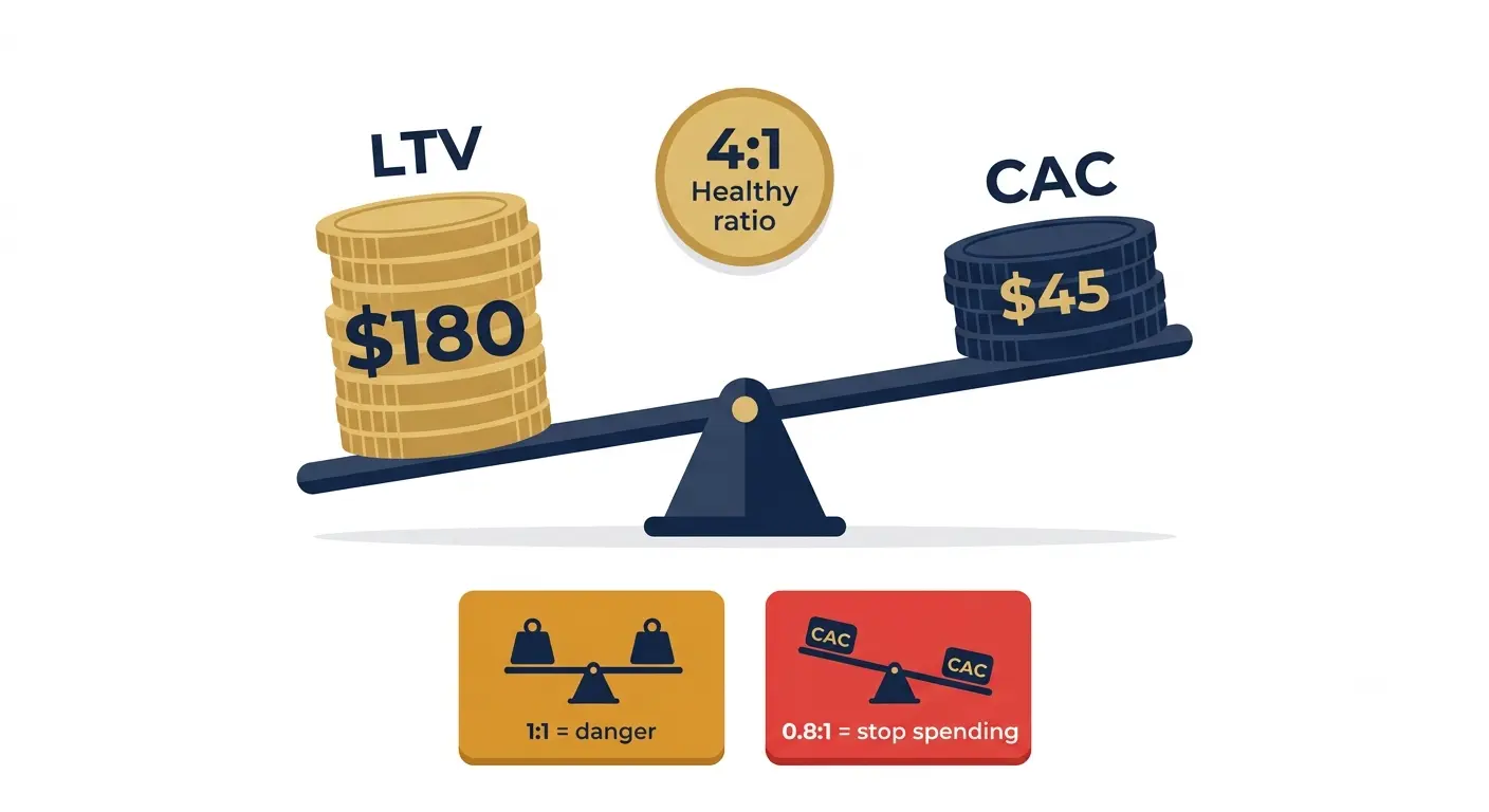 "Seesaw balance scale showing LTV versus CAC ratio at 4:1 healthy ratio with alternative scenarios showing 1:1 danger and 0.8:1 stop spending at the bottom"