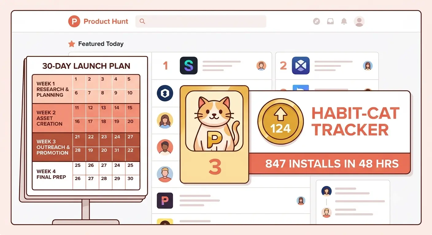 "Product Hunt launch leaderboard illustration showing a top 10 finish and 847 installs in 48 hours after 30 days of launch preparation"